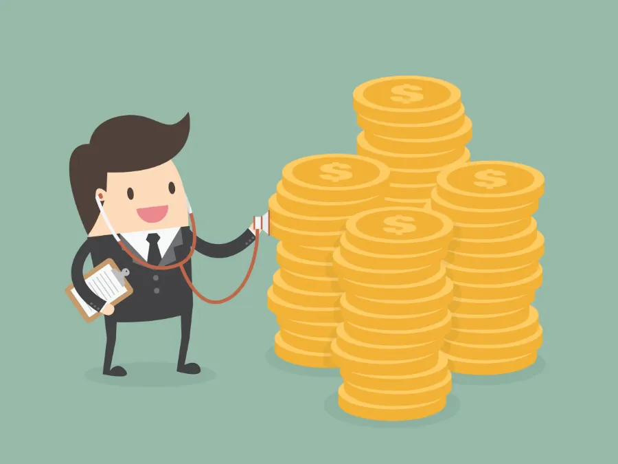 Illustration of a businessman checking a stack of coins with a stethoscope