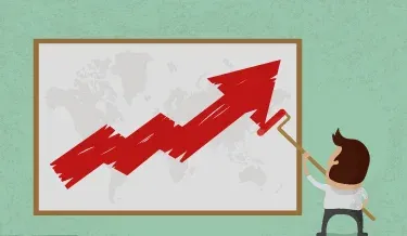Illustration of a man painting a rising red arrow on a chart