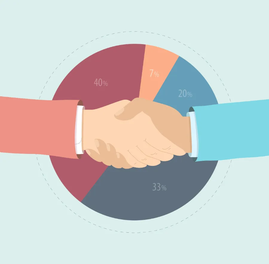 Illustration of a handshake over a pie chart